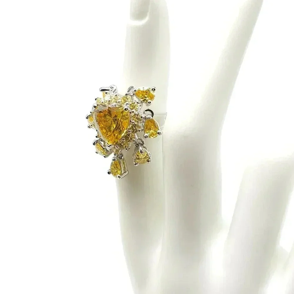 UNCAS Sterling Silver .925 Yellow Rhinestone Dangle Bling Ring Size 5